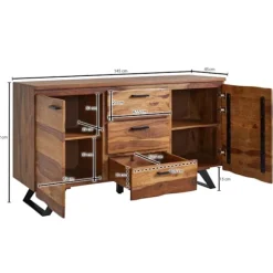 Rootz skænk 145x82x45 cm massivt sheesham træ - metal med aftagende - kommode - Skænk skuffeskab moderne
