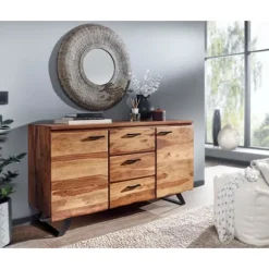 Rootz skænk 145x82x45 cm massivt sheesham træ - metal med aftagende - kommode - Skænk skuffeskab moderne