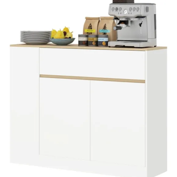 Rootz skænkeskab - Stor opbevaringsarrangør - Konsoltabel - Rigelig opbevaring - 105 x 30 x 81,5 cm - Moderne hvid - Brun finish