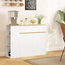 Rootz skænkeskab - Stor opbevaringsarrangør - Konsoltabel - Rigelig opbevaring - 105 x 30 x 81,5 cm - Moderne hvid - Brun finish
