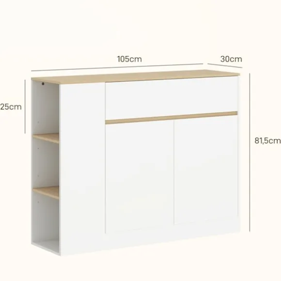 Rootz skænkeskab - Stor opbevaringsarrangør - Konsoltabel - Rigelig opbevaring - 105 x 30 x 81,5 cm - Moderne hvid - Brun finish