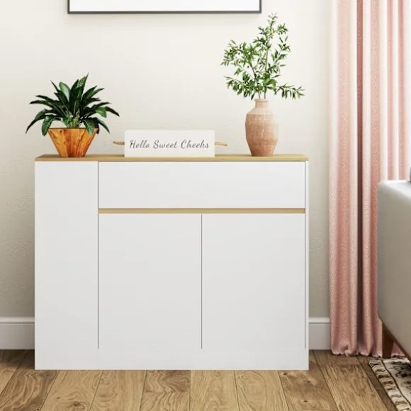 Rootz skænkeskab - Stor opbevaringsarrangør - Konsoltabel - Rigelig opbevaring - 105 x 30 x 81,5 cm - Moderne hvid - Brun finish