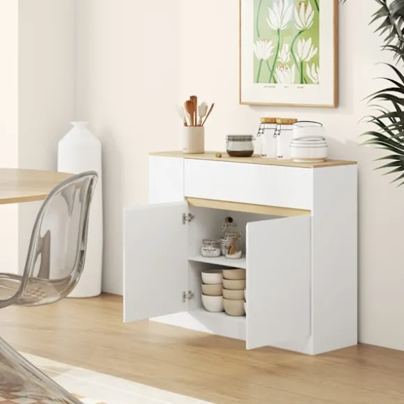 Rootz skænkeskab - Stor opbevaringsarrangør - Konsoltabel - Rigelig opbevaring - 105 x 30 x 81,5 cm - Moderne hvid - Brun finish