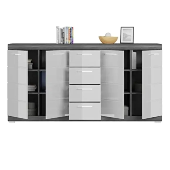 Rootz skænkespejder - træmateriale - hvid højglans dybt trukket front - røg sølvimitation - 165 cm x 85 cm x 37 cm - FSC certificeret