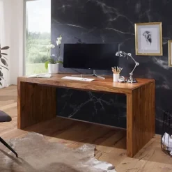 Rootz skrivebord massivt træ Sheesham computerbord 180 cm bredt ægte træ design arkiveringskontorbord i landlig stil