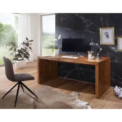 Rootz skrivebord massivt træ Sheesham computerbord 120 cm bredt ægte træ design arkiveringskontorbord i landlig stil