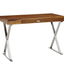 Rootz skrivebord 120x55x78 cm massivt sheesham træ - metal krom - Design kontorbord med skuffe - HomeOffice laptop bord computer bord med opbevaringsp | Fyndiq
