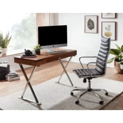 Rootz skrivebord 120x55x78 cm massivt sheesham træ - metal krom - Design kontorbord med skuffe - HomeOffice laptop bord computer bord med opbevaringsp | Fyndiq