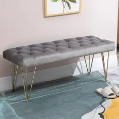 Rootz Sofa - Spisestue Sofa - Polstret Sofa - Fløjl - Metal - Grå - Guld - 116 x 44,5 x 49 cm