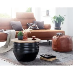 Rootz Sofabord - Opbevaringsplads - Sofabord - Sidebord - Rundt - Sort - Brun - Mangotræ - Metal - 60 x 60 x 41 cm