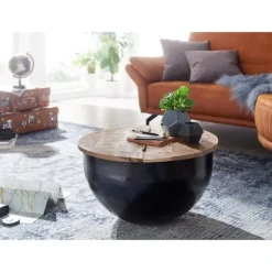 Rootz Sofabord - Opbevaringsplads - Sofabord - Sidebord - Rundt - Sort - Brun - Mangotræ - Metal - 60 x 60 x 34 cm