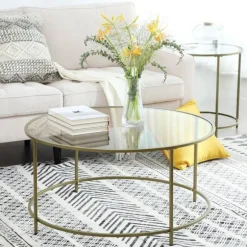Rootz sofabord - Rundt sofabord med glasoverflade - Rundt sidebord - Sidebord af metalben - Stilfuldt rundt sidebord - Hærdet glas - Guld - 84 x 84 x | Fyndiq