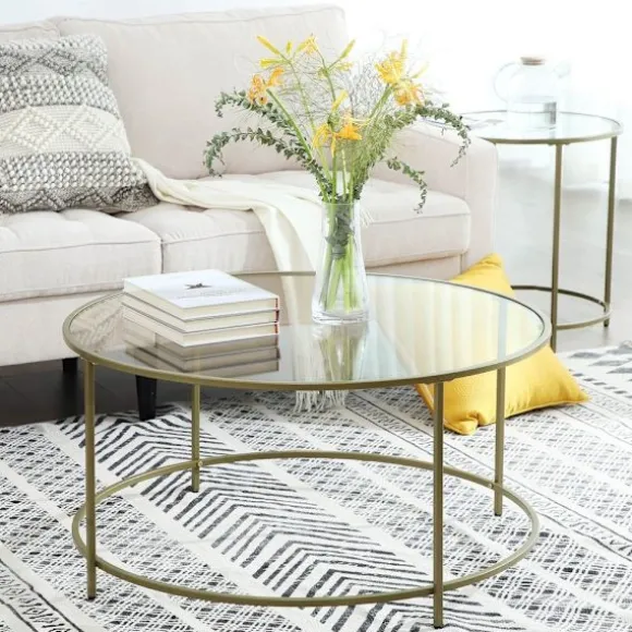 Rootz sofabord - Rundt sofabord med glasoverflade - Rundt sidebord - Sidebord af metalben - Stilfuldt rundt sidebord - Hærdet glas - Guld - 84 x 84 x | Fyndiq