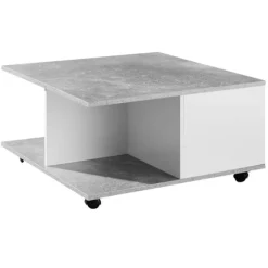 Rootz Sofabord - Sofabord - Firkantet - 2 skuffer - Opbevaringsrum - På hjul - Hvid - Cementgrå - Forarbejdet træ - 70 x 70 cm