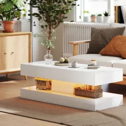 Rootz Sofabord - Stuebord - Moderne blødere - Stilfuldt med LED-belysning - 120cm x 50cm x 42cm - Hvid spånplade