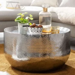 Rootz sofabord aluminium sølv 60x60x35 cm stuebord hamret - Designer sofabord rundt aluminium orientalsk - Rundt metal sofabord lille