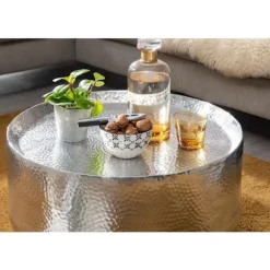 Rootz sofabord aluminium sølv 60x60x35 cm stuebord hamret - Designer sofabord rundt aluminium orientalsk - Rundt metal sofabord lille