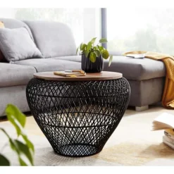 Rootz sofabord mango massivt træ metal 60x60x45 cm sort rundt med opbevaringsplads - Design stuebord fletbord moderne - Endebord sofa bord trådkurv st | Fyndiq