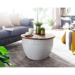 Rootz sofabord Mango 60x36x60 cm massivt træ metal hvid industrirundt - Design stuebord med opbevaringsplads - Loungebord sofabord moderne