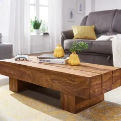 Rootz sofabord massivt træ Sheesham 120 cm bredt design stuebord mørkebrunt bord i landstil