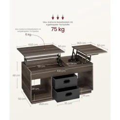 Rootz sofabord med 2 skuffer - Opbevaringsbord - Askbrun - Stål & spånplader - 50 cm x 100 cm x 48 cm/62,3 cm - 27,5 kg - 75 kg Kapacitet