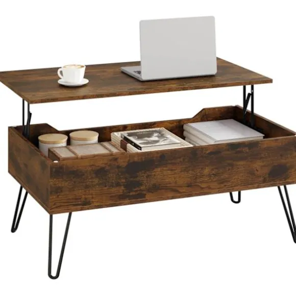 Rootz sofabord med opbevaring - lift -top bord - vintage rustik bord - Højde justerbar - 95x55.5x71.5 cm - Skjulte rum- og metalben