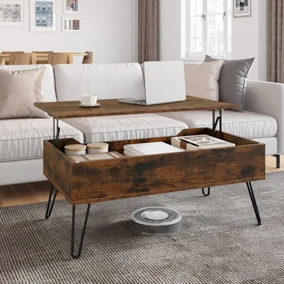 Rootz sofabord med opbevaring - lift -top bord - vintage rustik bord - Højde justerbar - 95x55.5x71.5 cm - Skjulte rum- og metalben