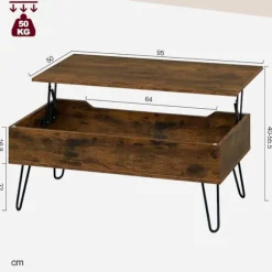Rootz sofabord med opbevaring - lift -top bord - vintage rustik bord - Højde justerbar - 95x55.5x71.5 cm - Skjulte rum- og metalben
