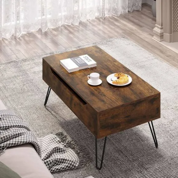 Rootz sofabord med opbevaring - lift -top bord - vintage rustik bord - Højde justerbar - 95x55.5x71.5 cm - Skjulte rum- og metalben