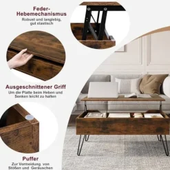 Rootz sofabord med opbevaring - lift -top bord - vintage rustik bord - Højde justerbar - 95x55.5x71.5 cm - Skjulte rum- og metalben