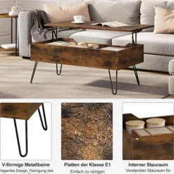 Rootz sofabord med opbevaring - lift -top bord - vintage rustik bord - Højde justerbar - 95x55.5x71.5 cm - Skjulte rum- og metalben