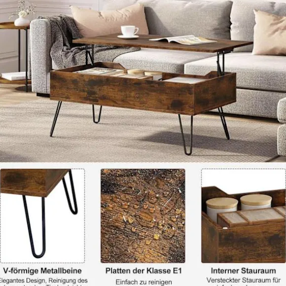 Rootz sofabord med opbevaring - lift -top bord - vintage rustik bord - Højde justerbar - 95x55.5x71.5 cm - Skjulte rum- og metalben