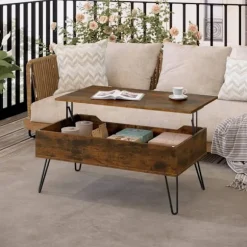 Rootz sofabord med opbevaring - lift -top bord - vintage rustik bord - Højde justerbar - 95x55.5x71.5 cm - Skjulte rum- og metalben