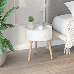 Rootz Sofabord Med Skuffe - Sidebord - Rundt - Scandi Design - Beskyttelseskant - Træ - Hvid - Ø38 x H45 cm