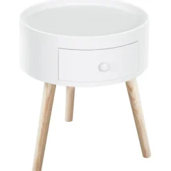 Rootz Sofabord Med Skuffe - Sidebord - Rundt - Scandi Design - Beskyttelseskant - Træ - Hvid - Ø38 x H45 cm