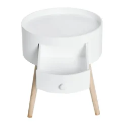 Rootz Sofabord Med Skuffe - Sidebord - Rundt - Scandi Design - Beskyttelseskant - Træ - Hvid - Ø38 x H45 cm