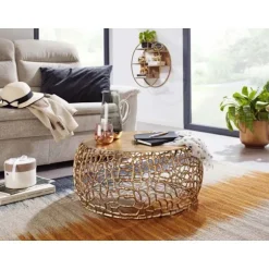 Rootz sofabord metal guld 66x66x30 cm sofabord aluminium rundt - Design stuebord med grenstruktur - Lille sofabord Moderne - Sidebord sidebord stue
