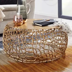 Rootz sofabord metal guld 66x66x30 cm sofabord aluminium rundt - Design stuebord med grenstruktur - Lille sofabord Moderne - Sidebord sidebord stue
