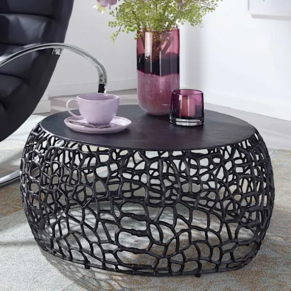 Rootz sofabord metal sort 66x66x30 cm sofabord aluminium rundt - Design stuebord med grenstruktur - Lille sofabord Moderne - Sidebord sidebord stue