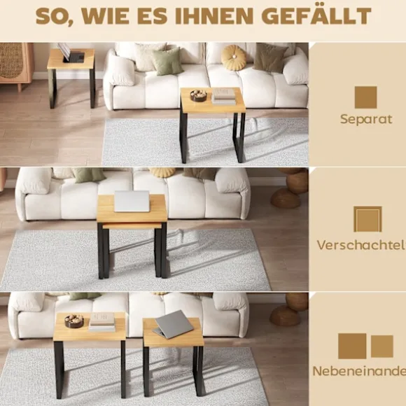 Rootz Sofabord Sæt med 2 – Stueborde – Indlejringsborde – Metalstel – Pladsbesparende design – 60x50x60cm & 50x50x54cm