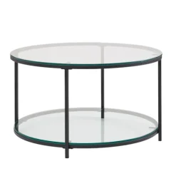 Rootz sofabord 80x80x45 cm glas - metal stuebord rundt moderne - Sofabord med opbevaringsplads - Loungebord med opbevaringsrum - Sofabord sidebord