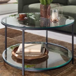 Rootz sofabord 80x80x45 cm glas - metal stuebord rundt moderne - Sofabord med opbevaringsplads - Loungebord med opbevaringsrum - Sofabord sidebord