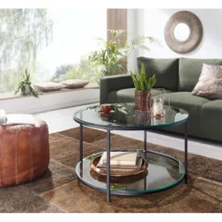 Rootz sofabord 80x80x45 cm glas - metal stuebord rundt moderne - Sofabord med opbevaringsplads - Loungebord med opbevaringsrum - Sofabord sidebord