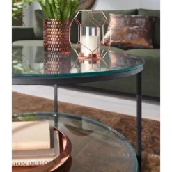 Rootz sofabord 80x80x45 cm glas - metal stuebord rundt moderne - Sofabord med opbevaringsplads - Loungebord med opbevaringsrum - Sofabord sidebord