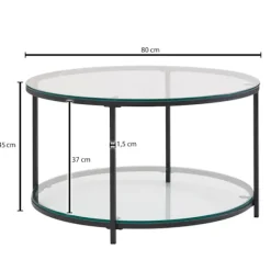 Rootz sofabord 80x80x45 cm glas - metal stuebord rundt moderne - Sofabord med opbevaringsplads - Loungebord med opbevaringsrum - Sofabord sidebord