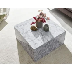Rootz sofabord 60x30x60 cm højglans med hvid marmorlook - Design stuebord Terning firkantet - Lounge sidebord kubeform