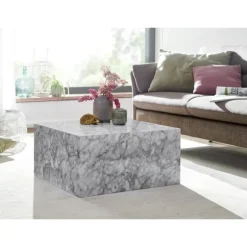 Rootz sofabord 60x30x60 cm højglans med hvid marmorlook - Design stuebord Terning firkantet - Lounge sidebord kubeform