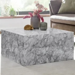 Rootz sofabord 60x30x60 cm højglans med hvid marmorlook - Design stuebord Terning firkantet - Lounge sidebord kubeform