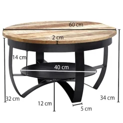 Rootz sofabord 60x34x60 cm Mango massivt træ - metal Industriel sort rund - Sofabord Stuebord massivt - Lille bord sofabord stue