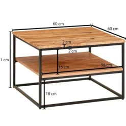 Rootz sofabord 60x60x41 cm massivt træ metal sofabord stuebord akacie - Industrielt værelsesbord med opbevaringsplads - Firkantet træbord, massivt sof | Fyndiq
